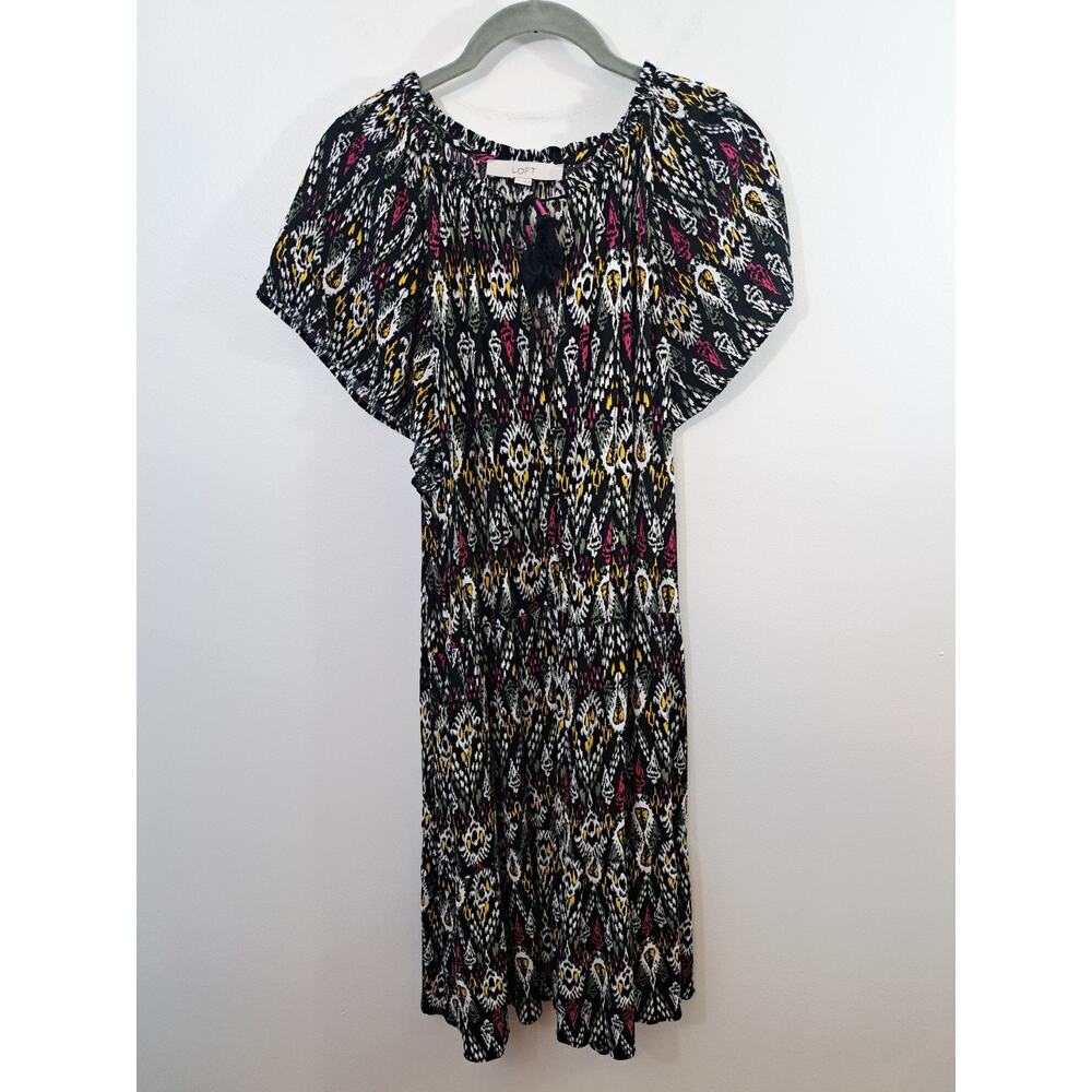 Loft Women's Black Pink Yellow Print Shift Dress V-neck Size XXL
